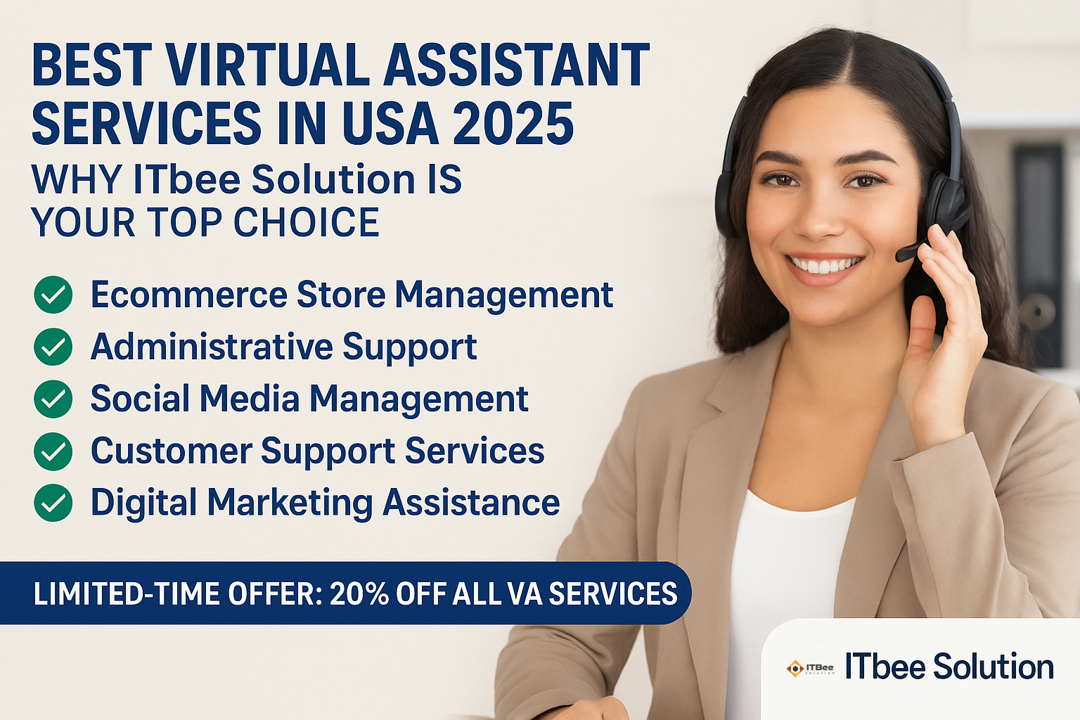 Smiling virtual assistant wearing a headset offering ecommerce and admin support – ITbee Solution USA 2025